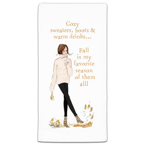 RH3-181 Cozy Sweaters, boots, & warm drinks flour sack towel by Heather Stillufsen and CJ Bella Co.