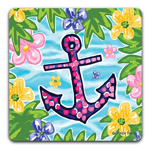 "Blue and Pink Anchor" Drink Coaster by Tracey Gurley