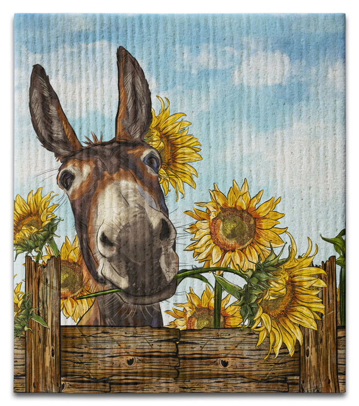 Donkey with Sunflowers Dishcloth