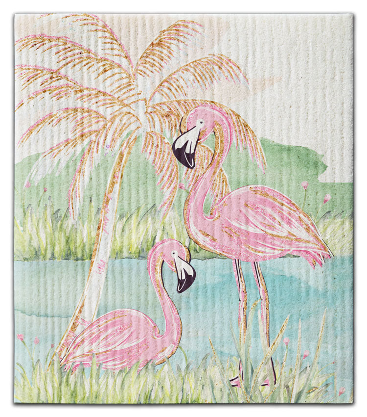 Flamingos (2) w/ Palm Tree Dishcloth