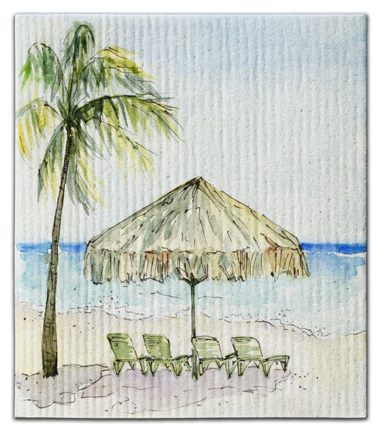 Umbrella Straw and Chairs on Beach Dishcloth