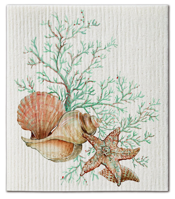 Shells (4) with Coral Dishcloth