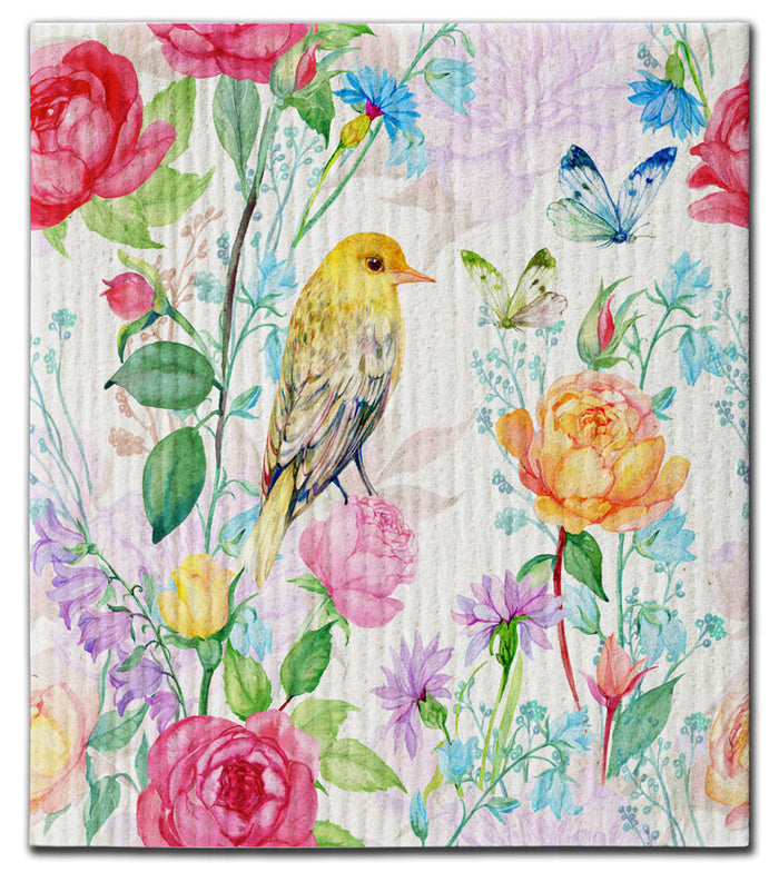Flowers w/Yellow Bird & 2 Butterfly Dishcloth