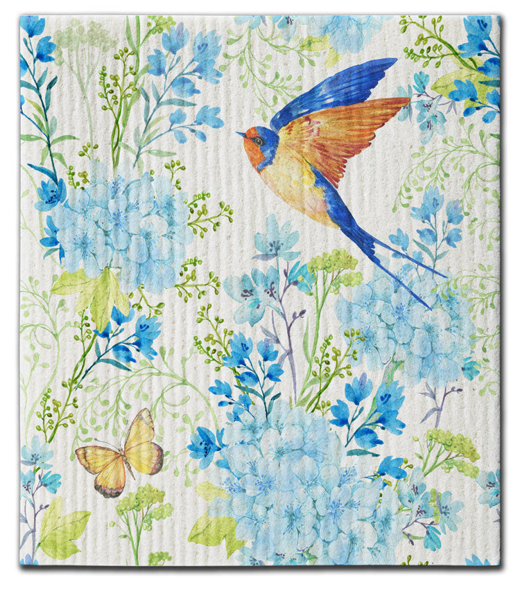 Flowers w/Blue Bird & Butterfly Dishcloth