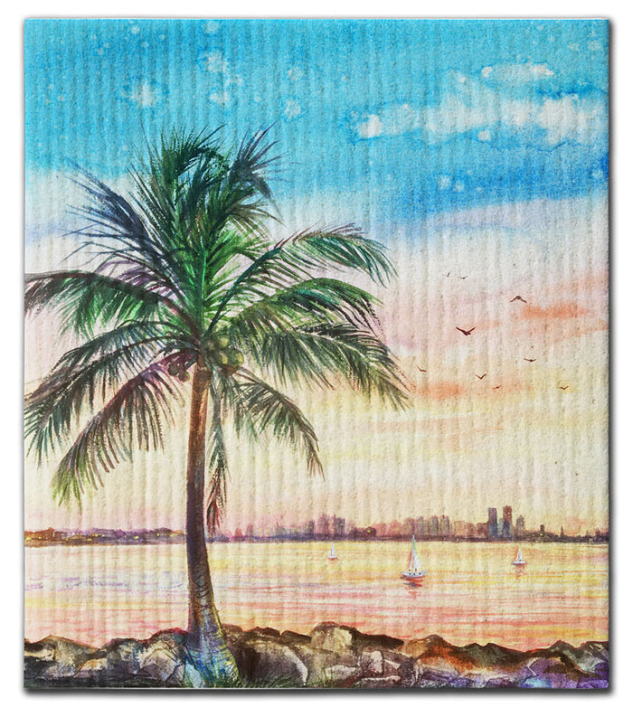 Palm Tree with Sailboats on Water Dishcloth