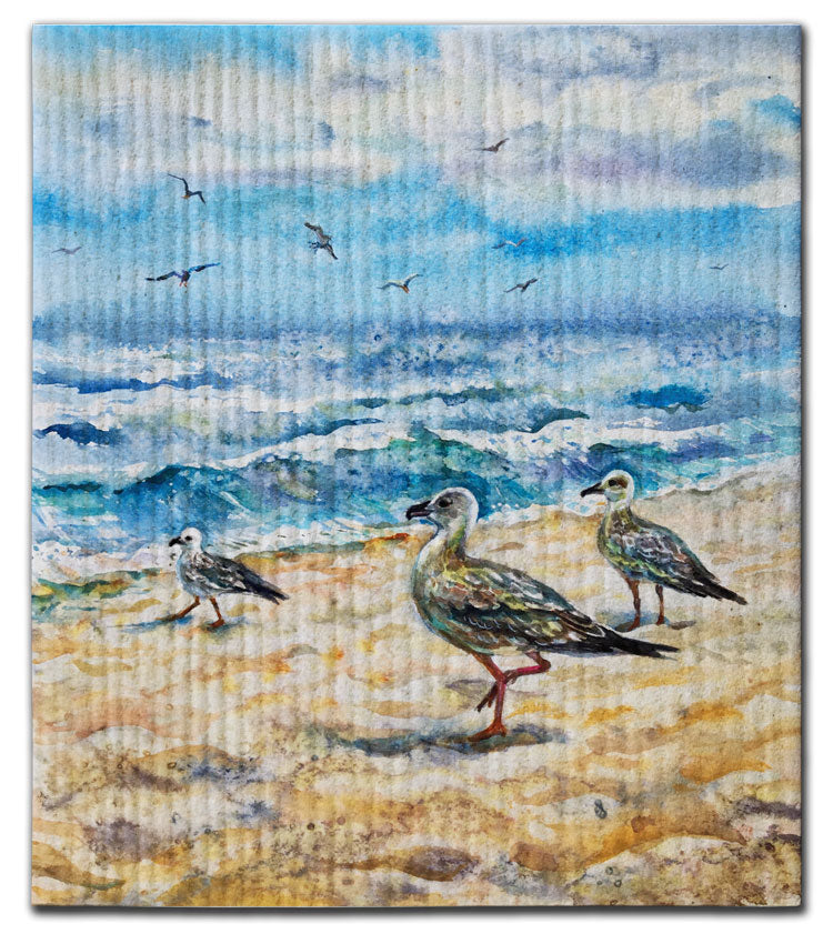 Seagulls on Beach Crashing Waves Dishcloth