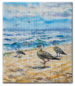 Seagulls on Beach Crashing Waves Dishcloth