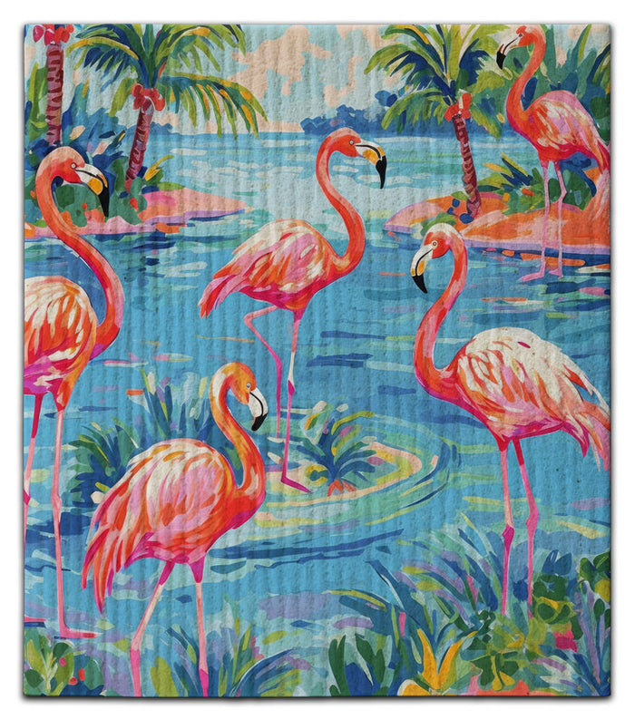 Flamingo (5)in Water w/2 Palms Dishcloth