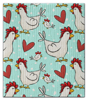 White Chickens and Hearts Dishcloth
