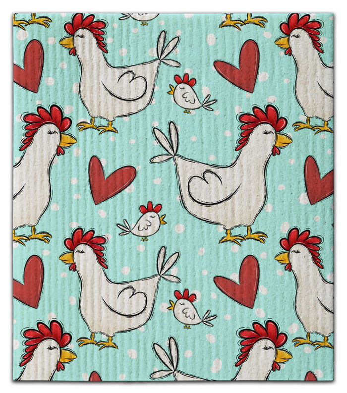 White Chickens and Hearts Dishcloth