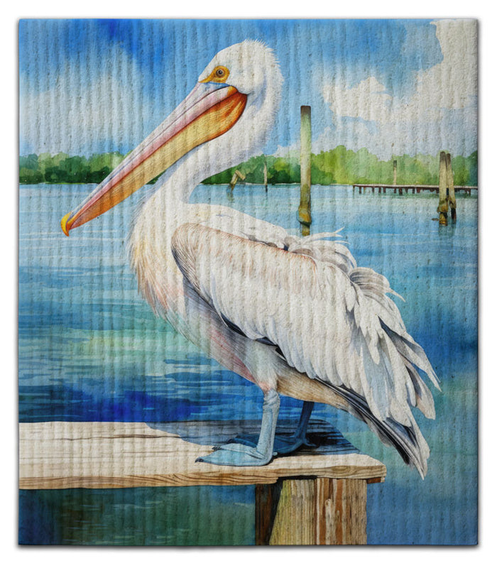 Pelican White Standing on Wood Dishcloth