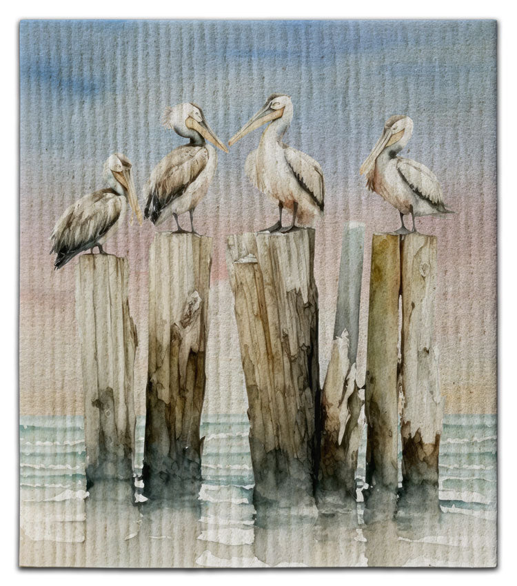 Pelicans (4) on Pilings Dishcloth