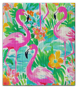 Flamingos (3) Orange Flowers Dishcloth