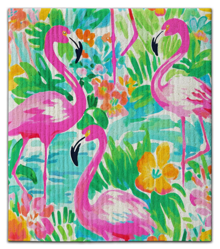 Flamingos (3) Orange Flowers Dishcloth
