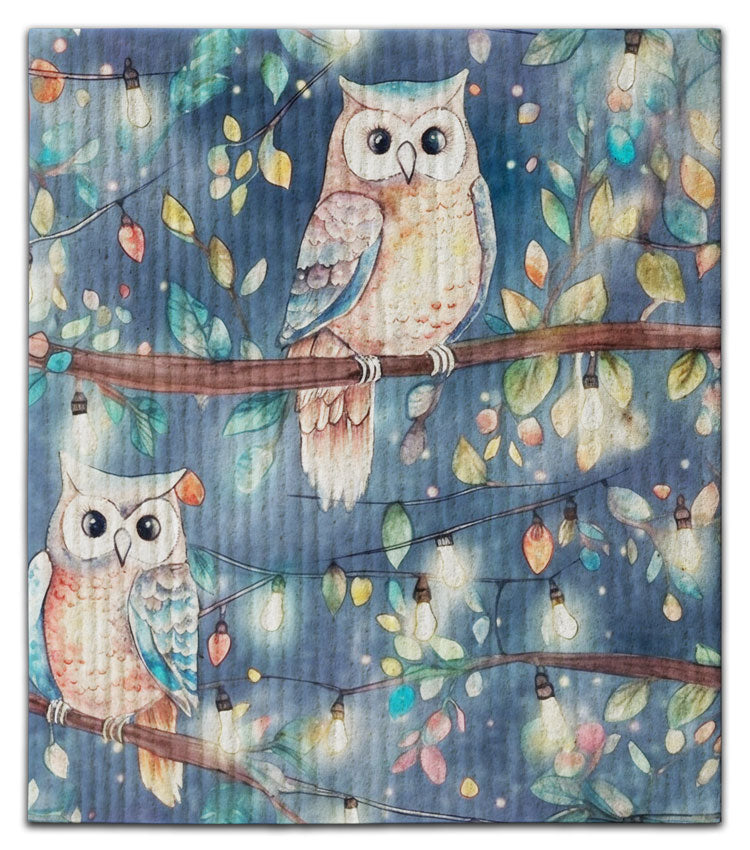 Owls (2) on Branch w/Lights Dishcloth