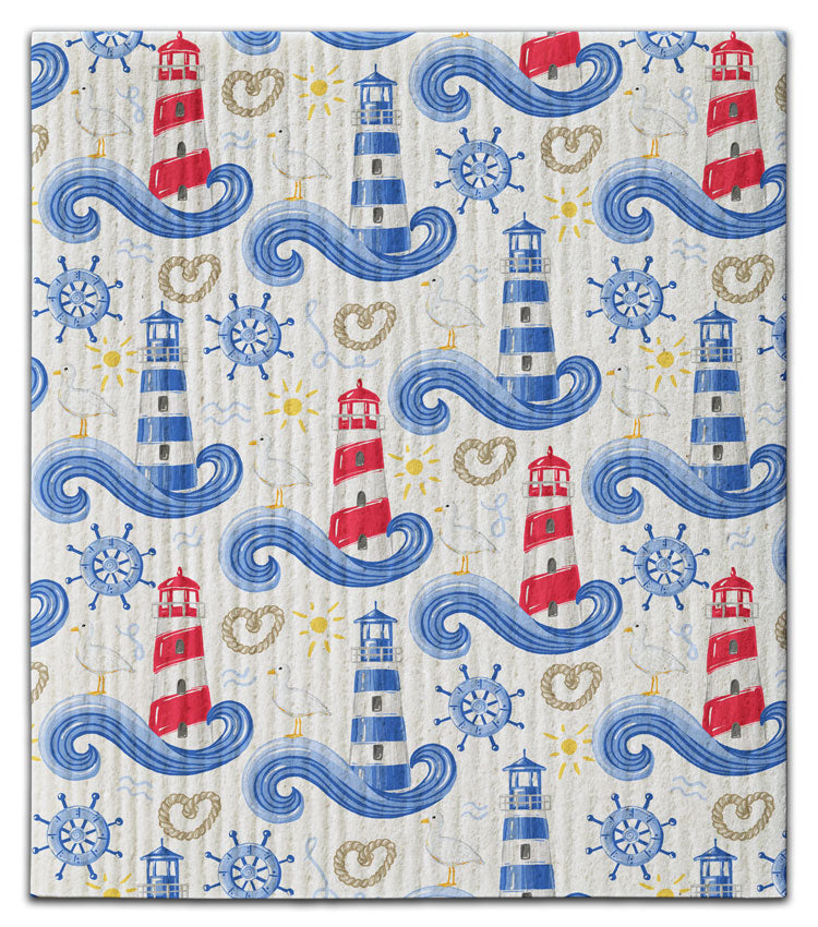 Red & Blue Stripe Lighthouse w/Wave Dishcloth