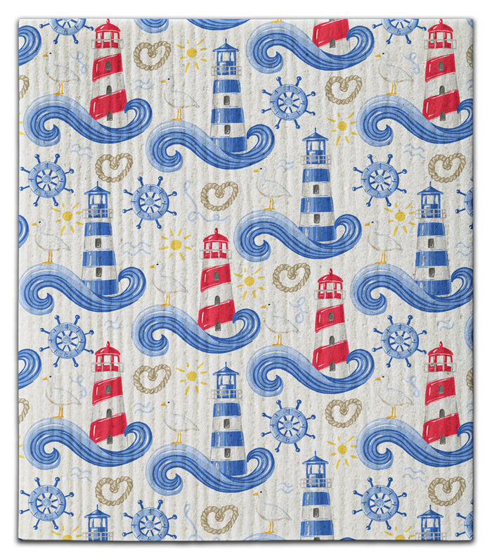 Red & Blue Stripe Lighthouse w/Wave Dishcloth