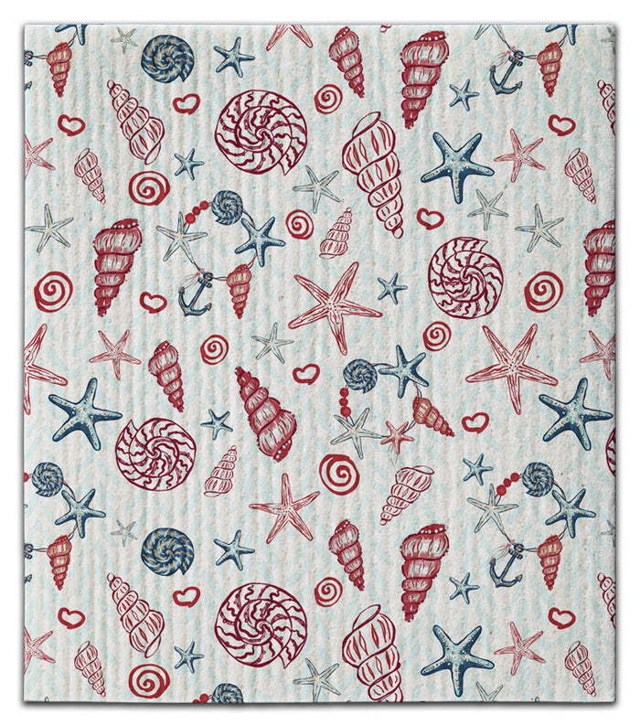 Shells and Hearts Red & Blue Dishcloth