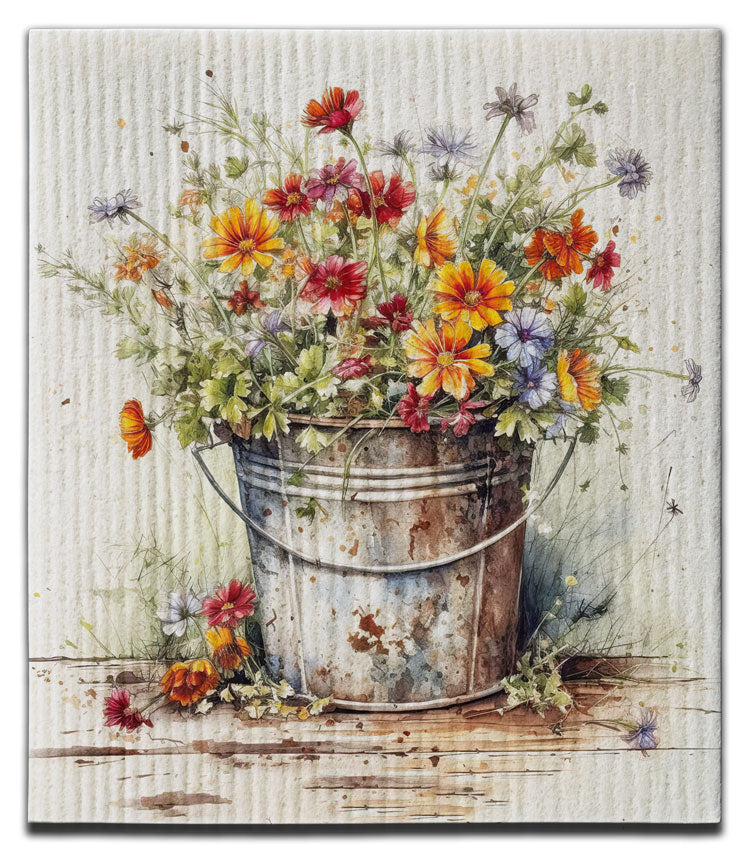Bucket of Flowers on Wood Dishcloth