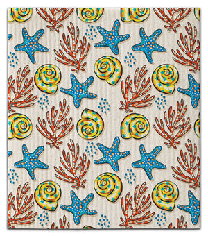 Yellow Shells w/Blue Starfishsh Dishcloth