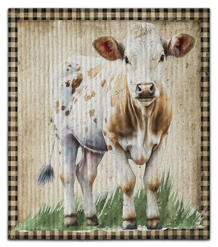 Cow with Plaid Border Dishcloth