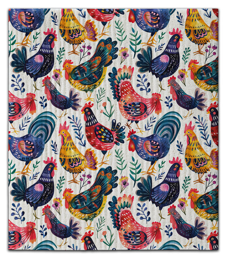 Folk Art Chickens Dishcloth