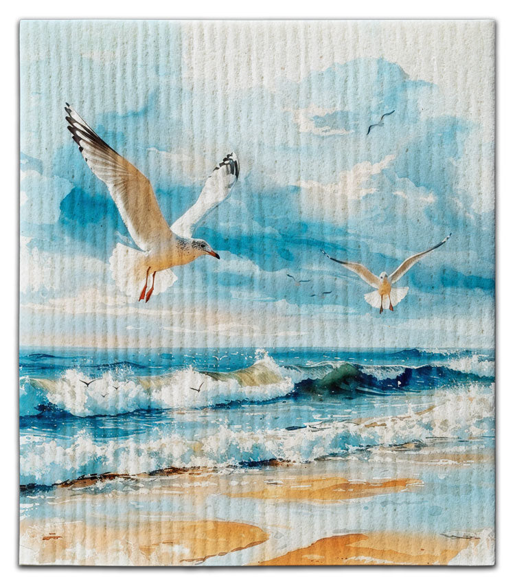 Two Gulls Flying on Beach Dishcloth