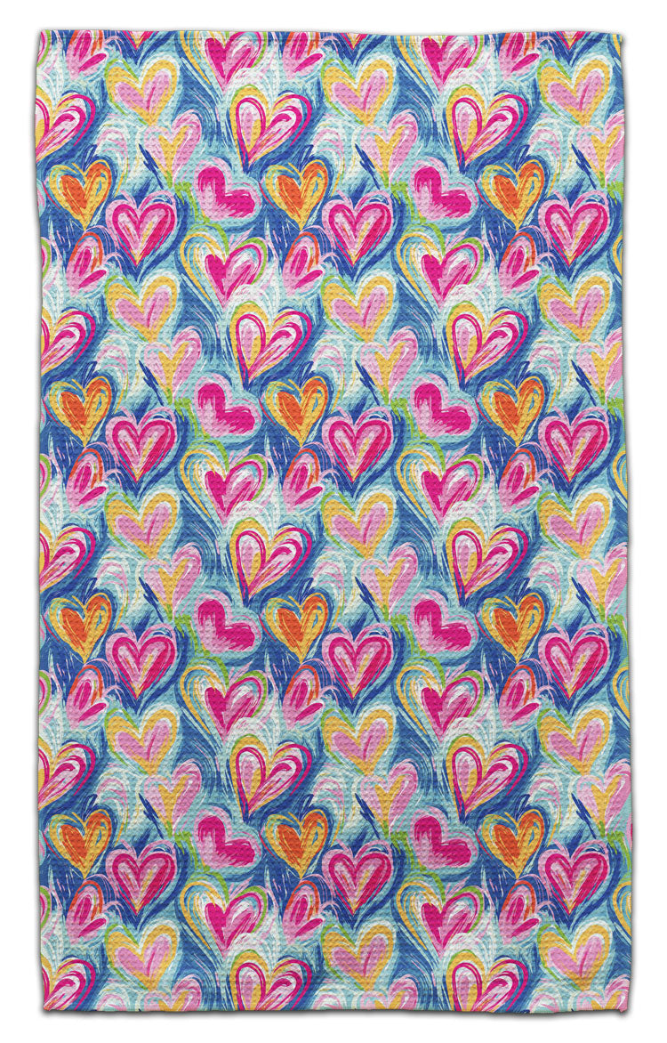 Floating Hearts Blue Background Waffle Weave Towel