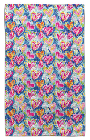 Floating Hearts Blue Background Waffle Weave Towel