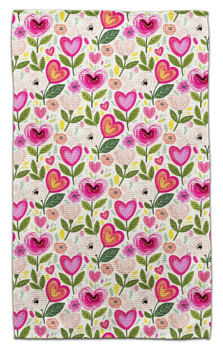 Heart Flowers Cream Background Waffle Weave Towel