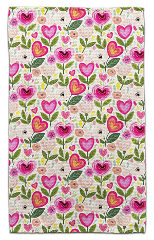 Heart Flowers Cream Background Waffle Weave Towel