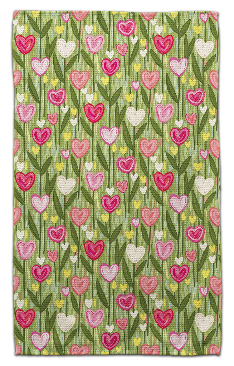 Heart Flowers Green Background Waffle Weave Towel