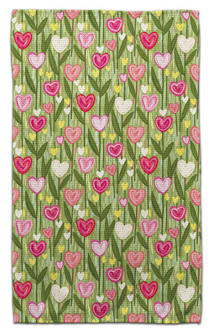 Heart Flowers Green Background Waffle Weave Towel