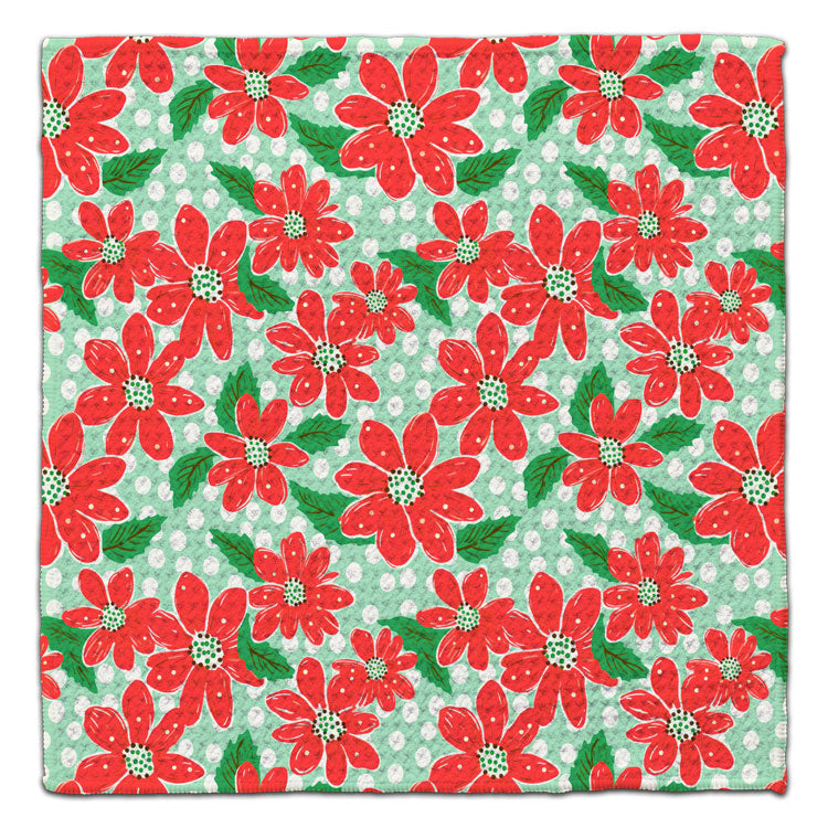 Poinsettia Green Background Waffle Weave Washcloth