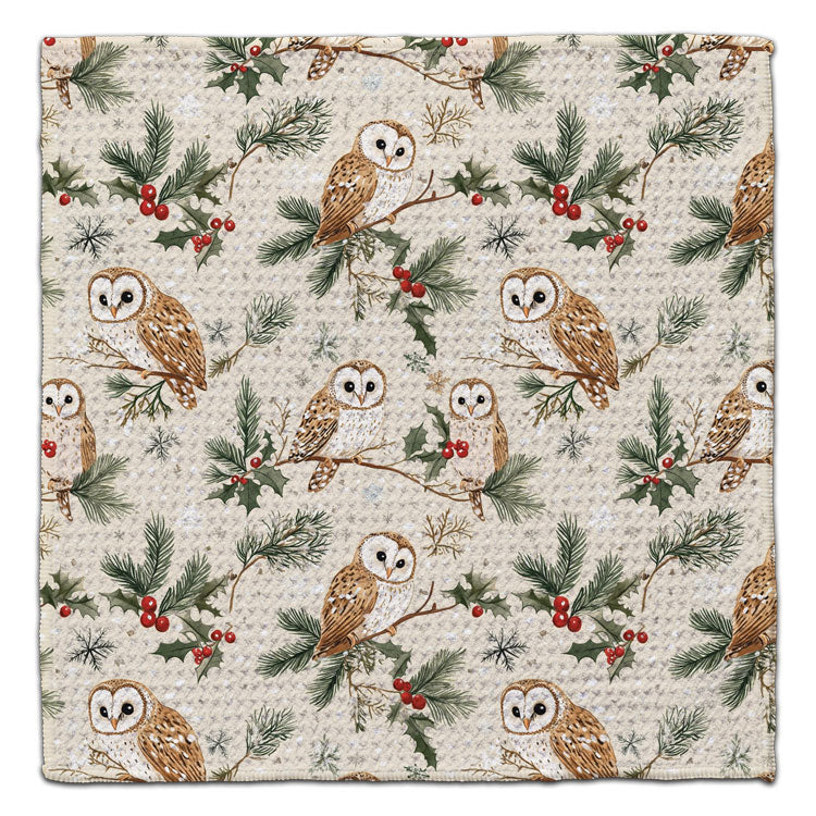 Owl On Branch with Berries Waffle Weave Washcloth