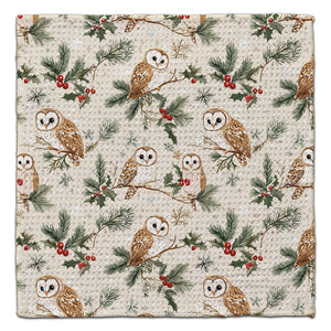 Owl On Branch with Berries Waffle Weave Washcloth