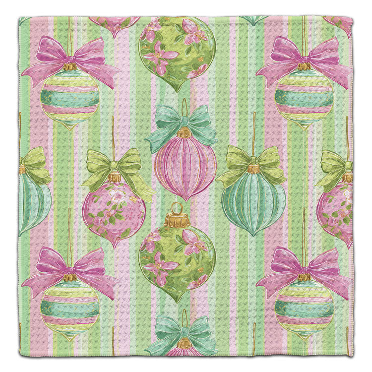 Ornaments with Pink & Green Bows Waffle Weave Washcloth
