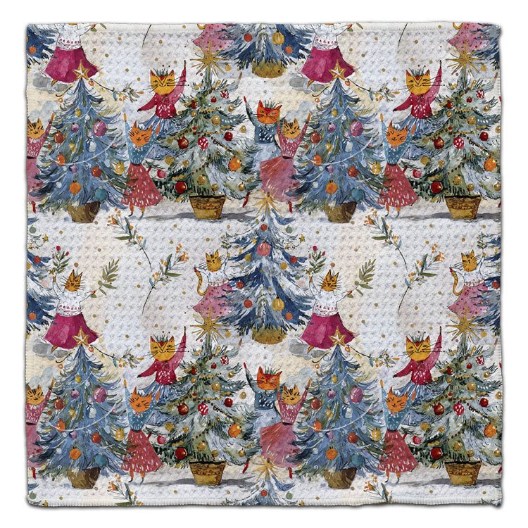 Cats Decorating Tree Waffle Weave Washcloth