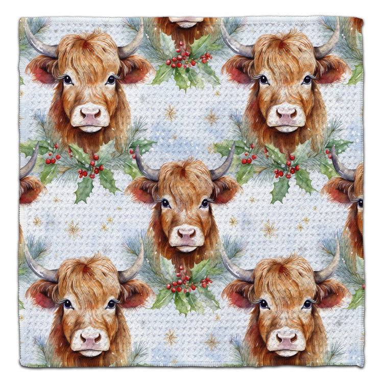 Highland Cow and Holly Waffle Weave Washcloth