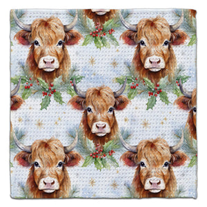 Highland Cow and Holly Waffle Weave Washcloth