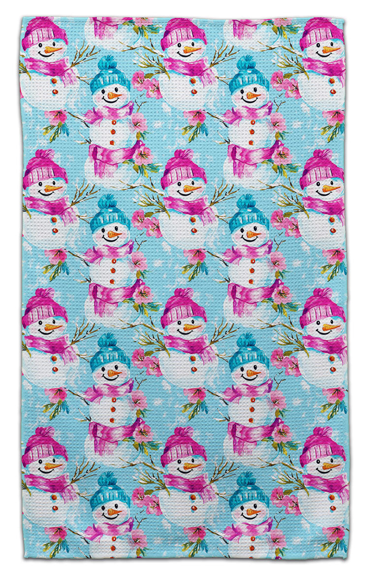 Snowmen w/Pink & Blue Hats Waffle Weave Towel