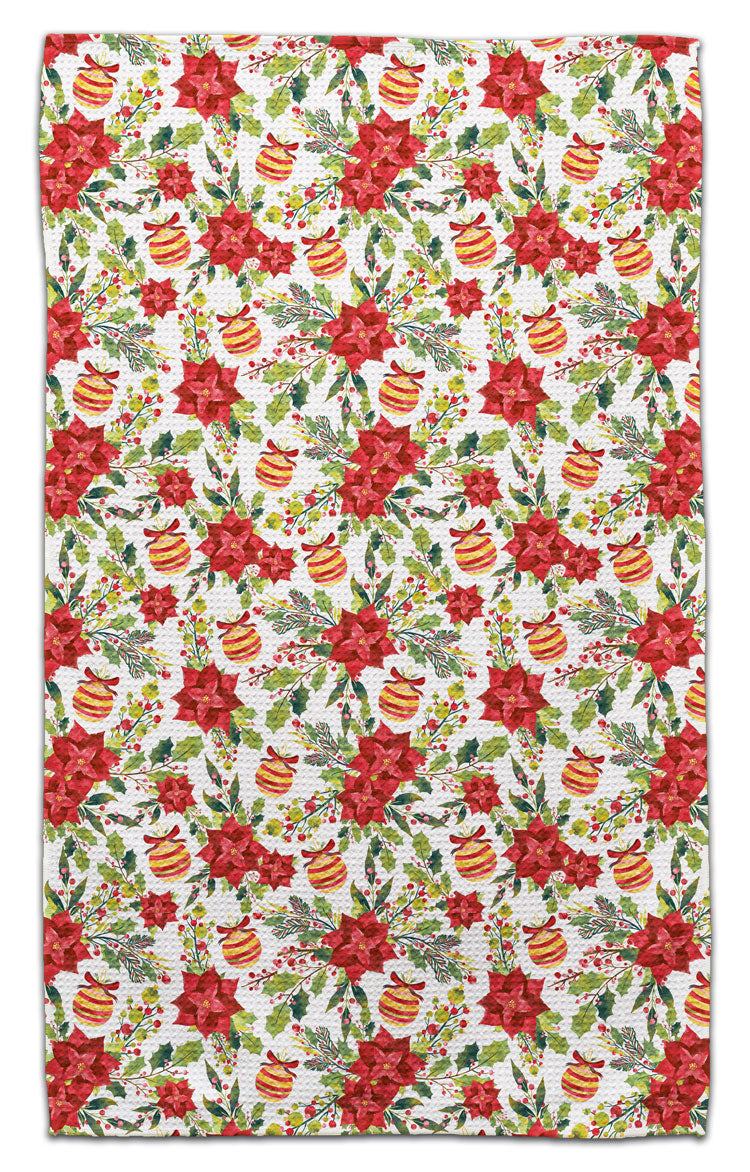Pointsettia & Ornament Waffle Weave Towel