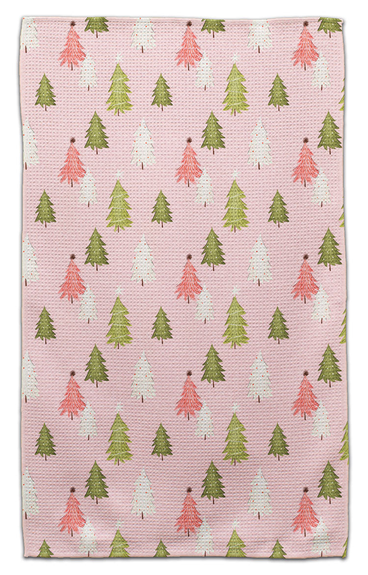 White, Pink & Green Trees Waffle Weave Towel