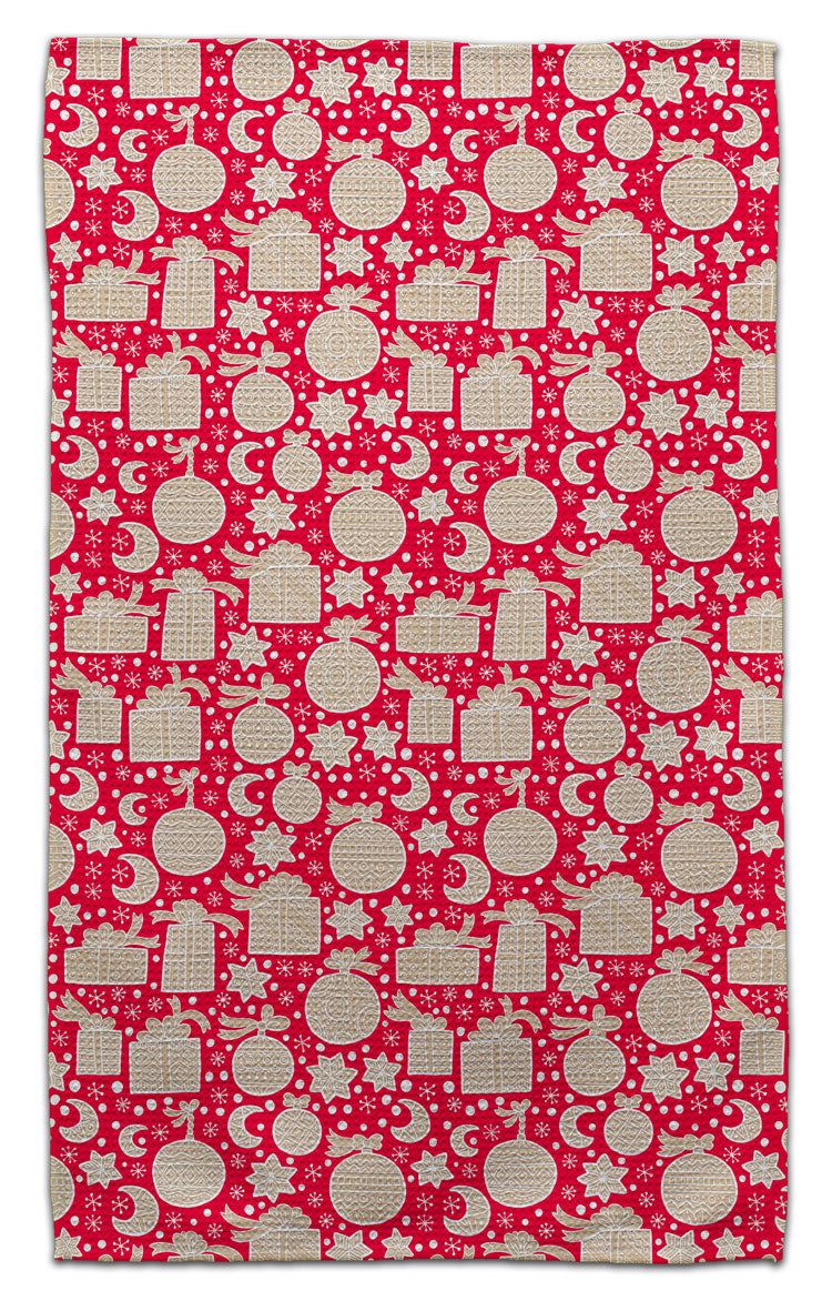 Star, Moon, Present & Ornament Waffle Weave Towel
