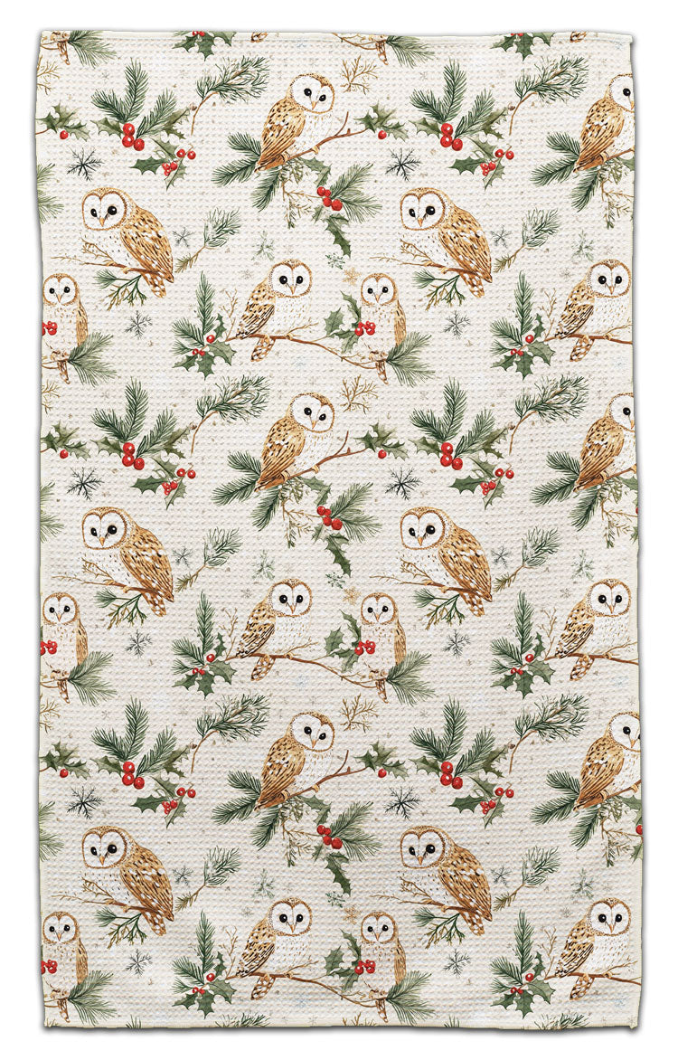 Owl On Branch with Berries Waffle Weave Towel
