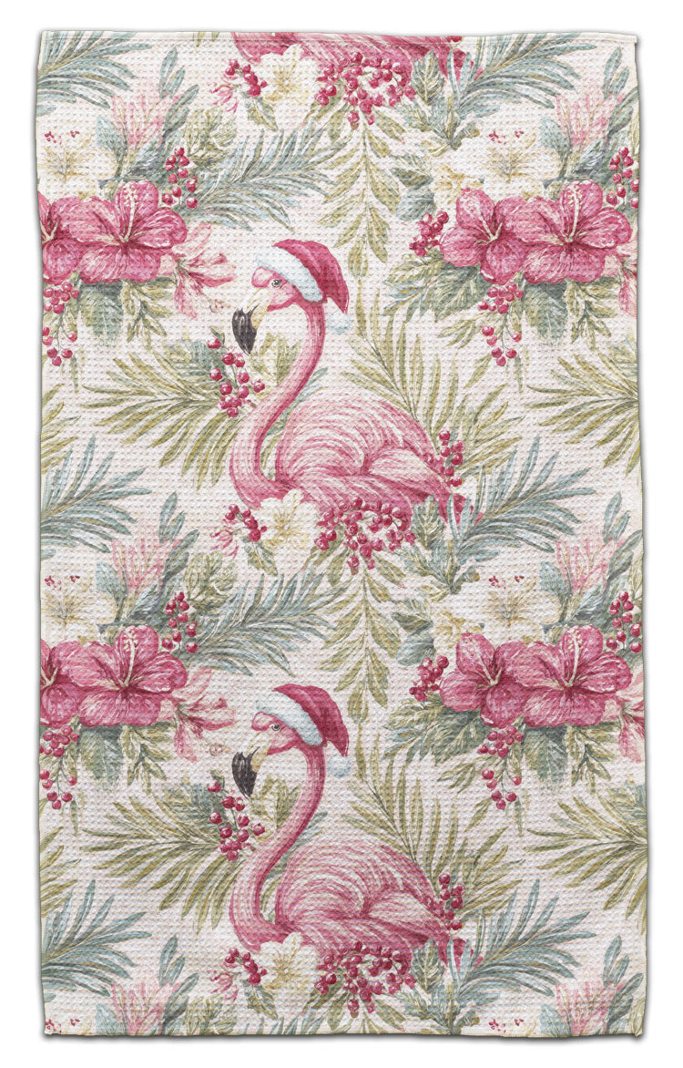 Flamingo with Santa Hat and Palms Waffle Weave Towel