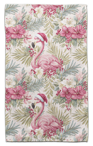 Flamingo with Santa Hat and Palms Waffle Weave Towel