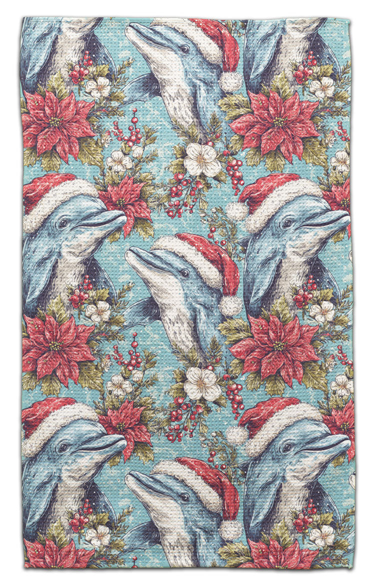 Dolphin with Santa Hat Waffle Weave Towel