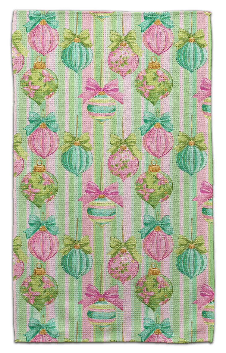 Ornaments with Pink & Green Bows Waffle Weave Towel