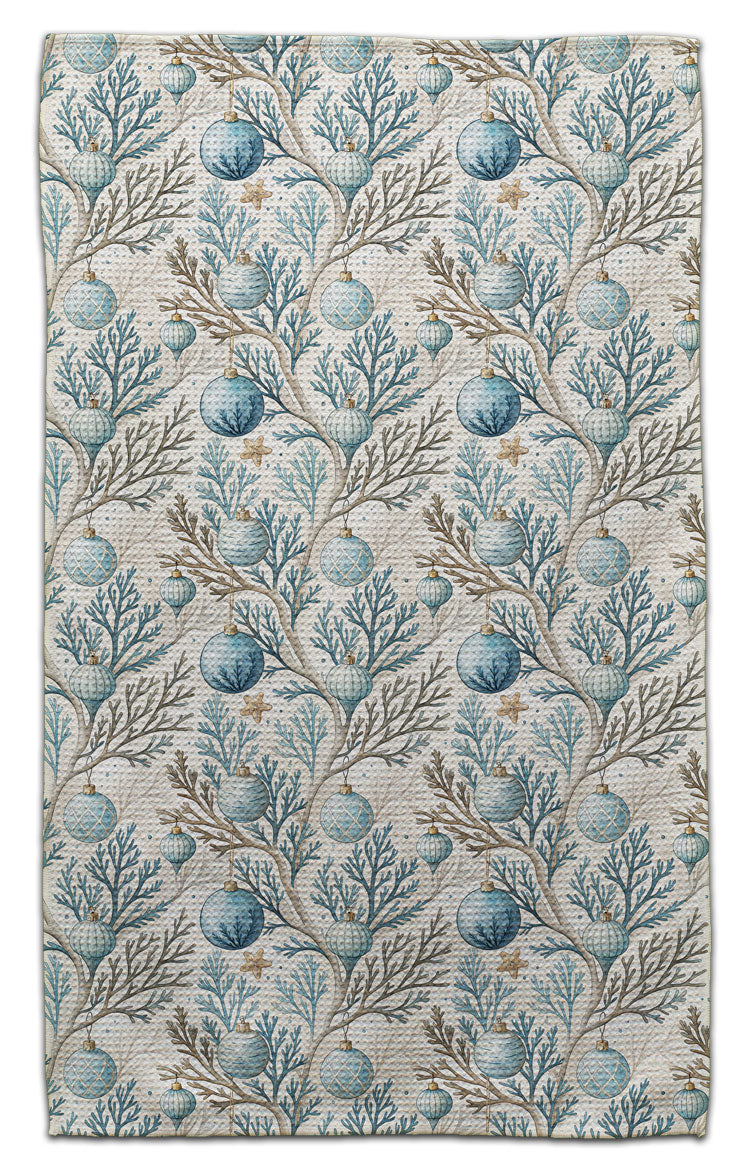 Ornaments Hanging on Coral Waffle Weave Towel